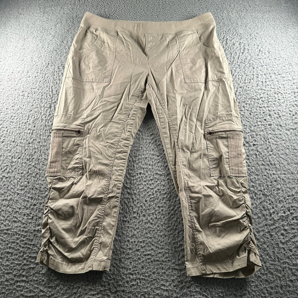 Wearables Pants Womens XL Tan Cargo Capri Cropped Ruched Side Zip Pocket Stretch
